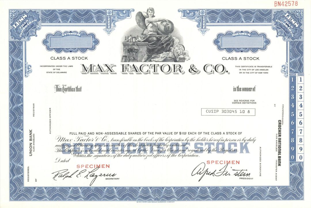 Max Factor and Co.  -  Specimen Stock Certificate
