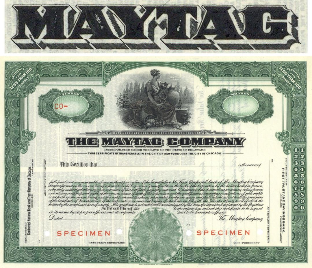 Maytag Co. - Specimen Stock Certificate - American Home & Commercial Appliance Company
