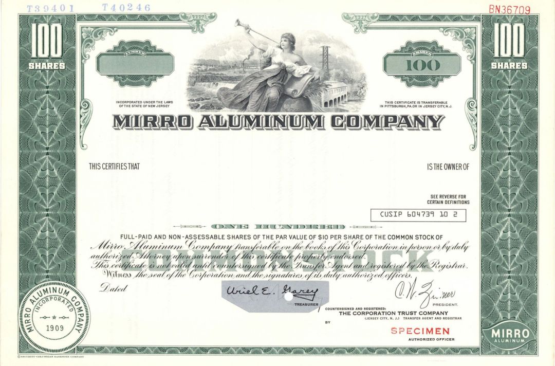 Mirro Aluminum Co.  -  1909 Specimen Stock Certificate