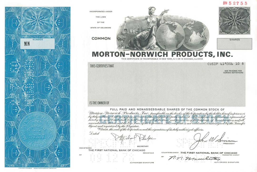 Morton-Norwich Products, Inc.  -  1976 or 1978 Specimen Stock Certificate