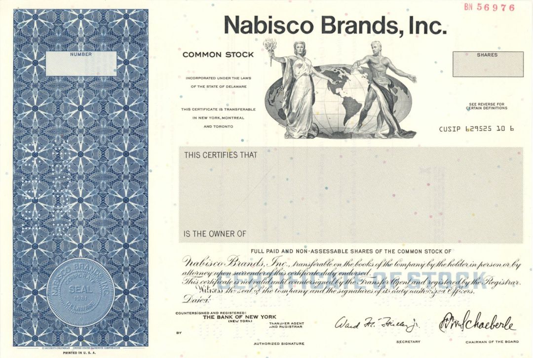 Nabisco Brands, Inc.  -  1981 Specimen Stock Certificate