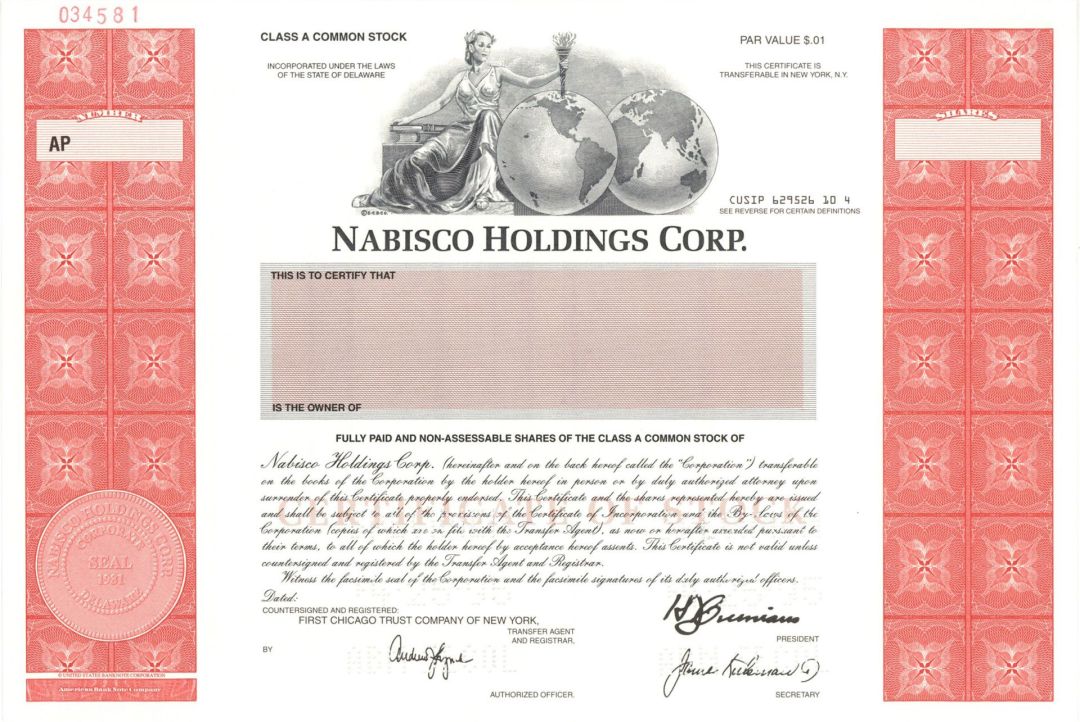 Nabisco Holdings Corp.  -  1995 Specimen Stock Certificate