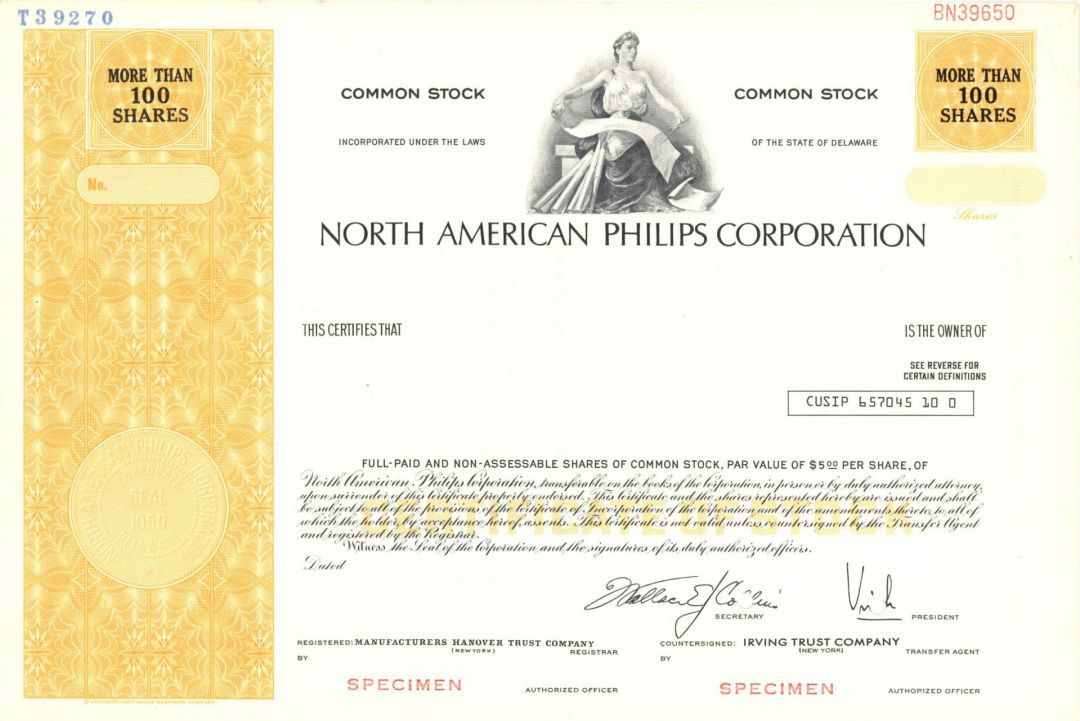 North American Philips Corp.  -  1959 Specimen Stock Certificate