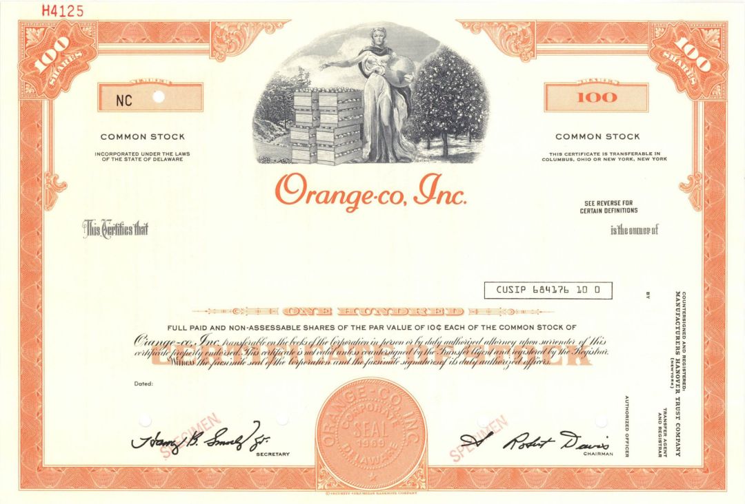 Orange-co, Inc.  -  1969 Specimen Stock Certificate