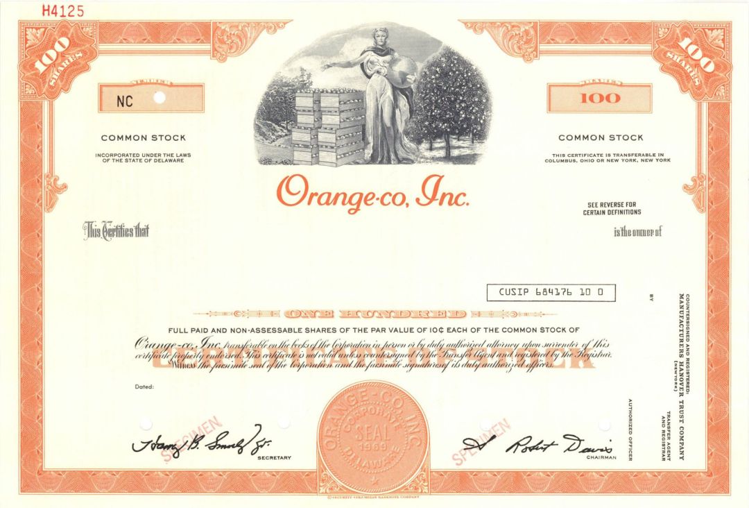 Orange-co, Inc. - Specimen Stock Certificate