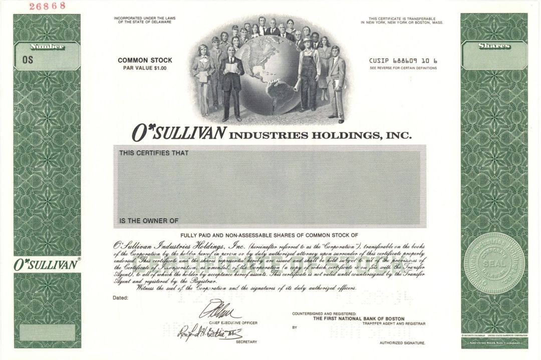 O'Sullivan Industries Holdings, Inc.  -  1994 Specimen Stock Certificate