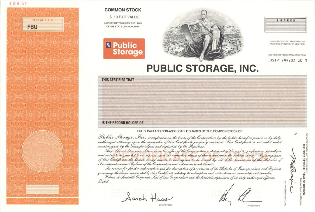 Public Storage, Inc.  -  1980 Specimen Stock Certificate