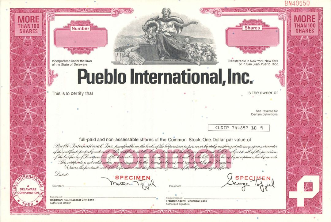 Pueblo International, Inc.  -  1969 Specimen Stock Certificate