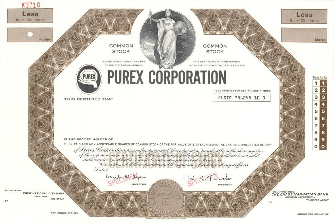 Purex Corp.  -  1927 Specimen Stock Certificate