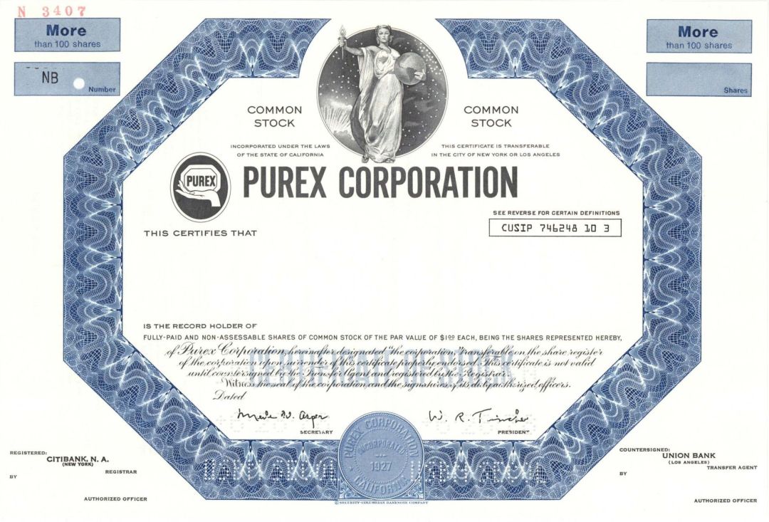 Purex Corp.  -  1927 Specimen Stock Certificate