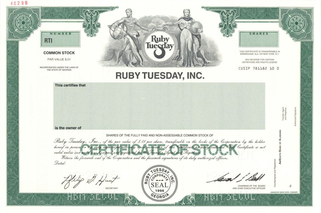 Ruby Tuesday, Inc.  -  1996 Specimen Stock Certificate