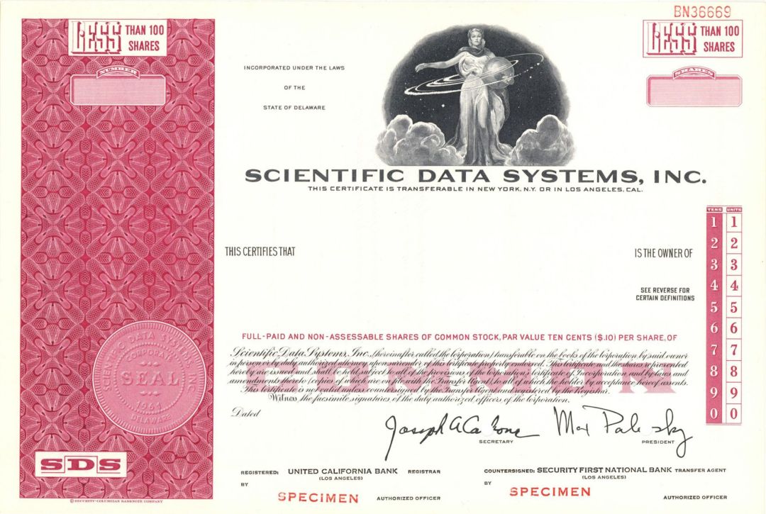 Scientific Data Systems, Inc.  -  1961 Specimen Stock Certificate