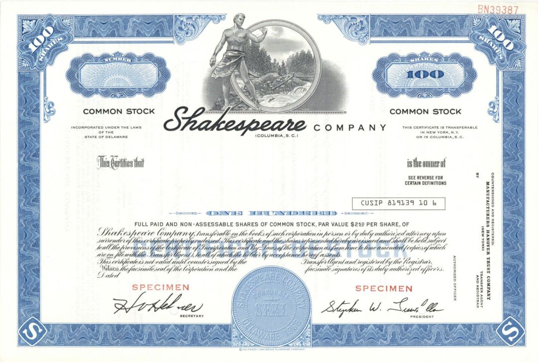 Shakespeare Co.  -  1968 Specimen Stock Certificate