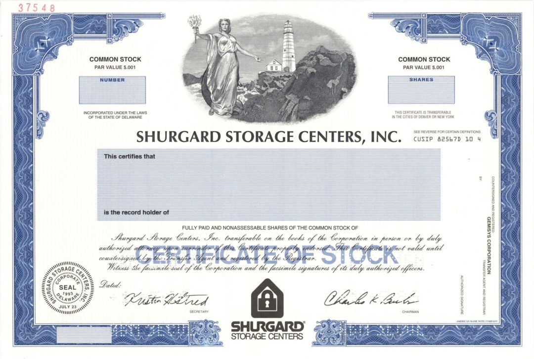 Shurgard Storage Centers, Inc.  -  1993 Specimen Stock Certificate