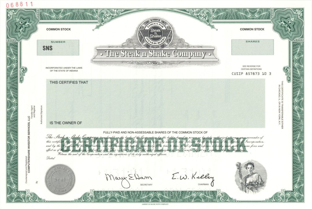 Steak n Shake Co.  -  2001 Specimen Stock Certificate