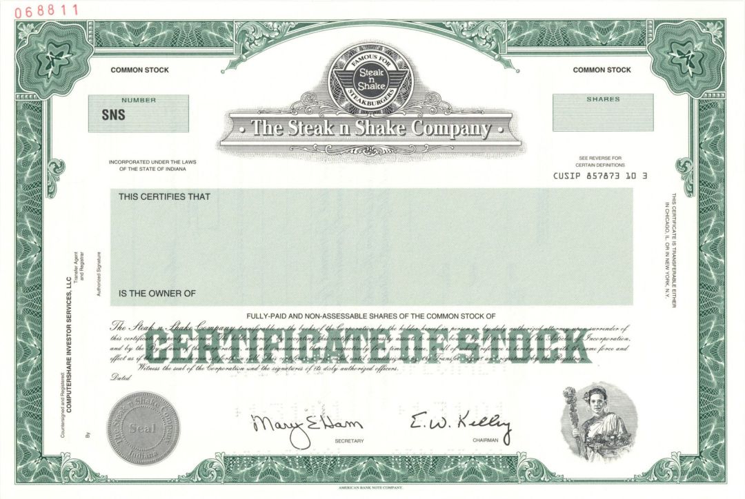 Steak n Shake Co. - 2001 dated Specimen Stock Certificate