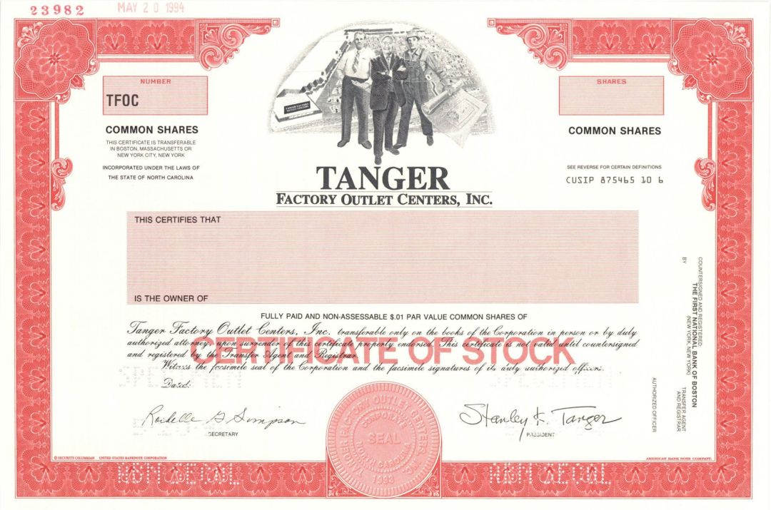 Tanger Factory Outlet Centers, Inc.  -  1993 Specimen Stock Certificate