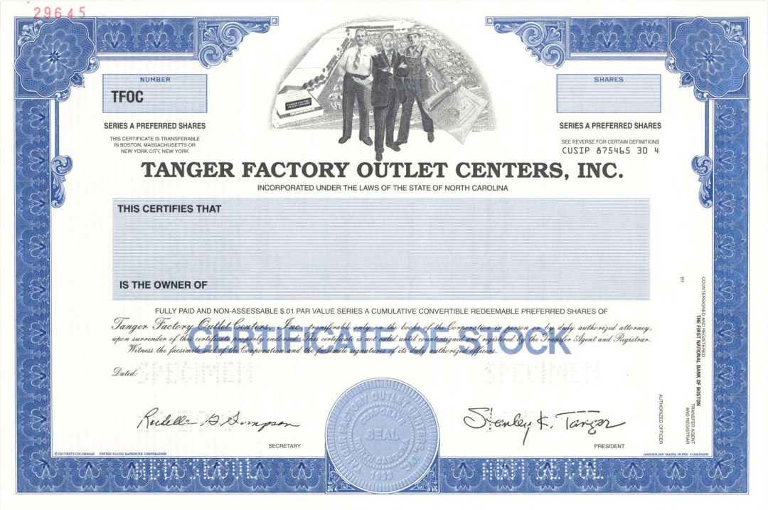 Tanger Factory Outlet Centers, Inc.  -  1994 Specimen Stock Certificate