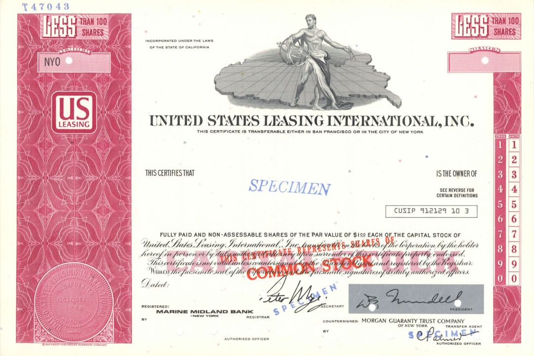 United States Leasing International, Inc.  -  1956 Specimen Stock Certificate