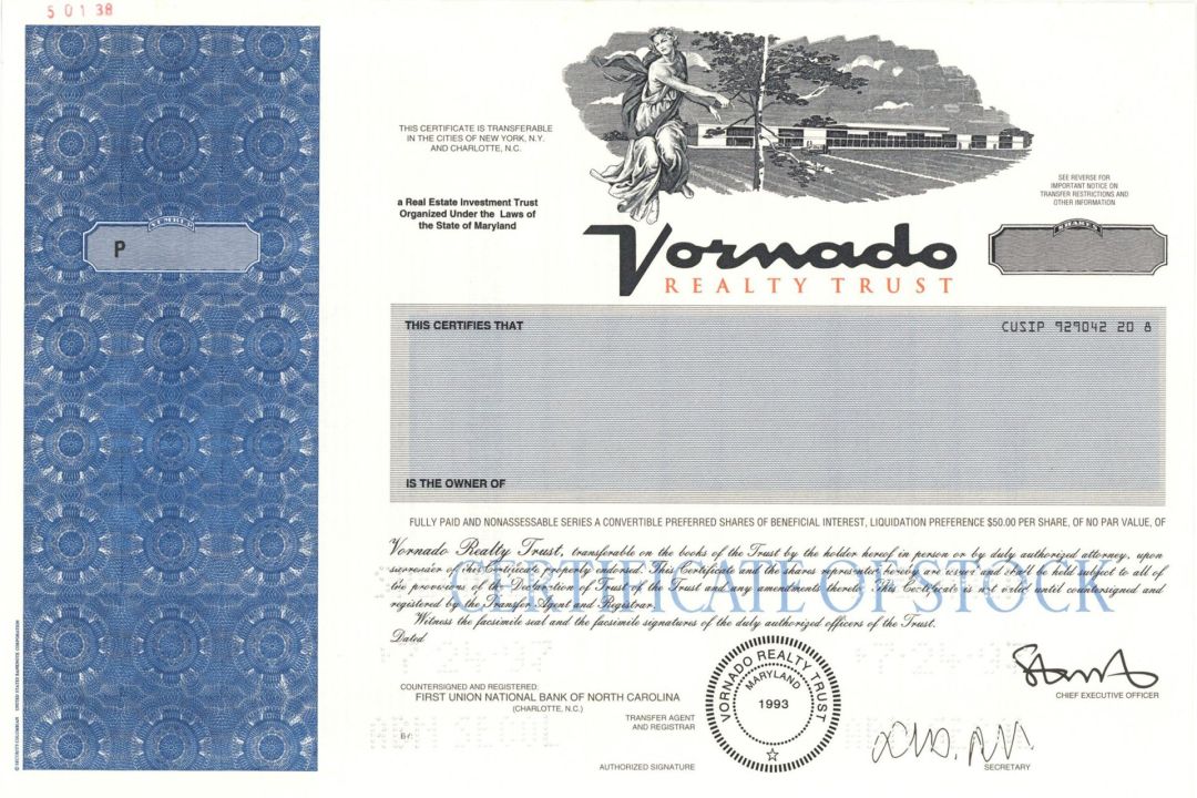 Vornado Realty Trust  -  1993 Specimen Stock Certificate