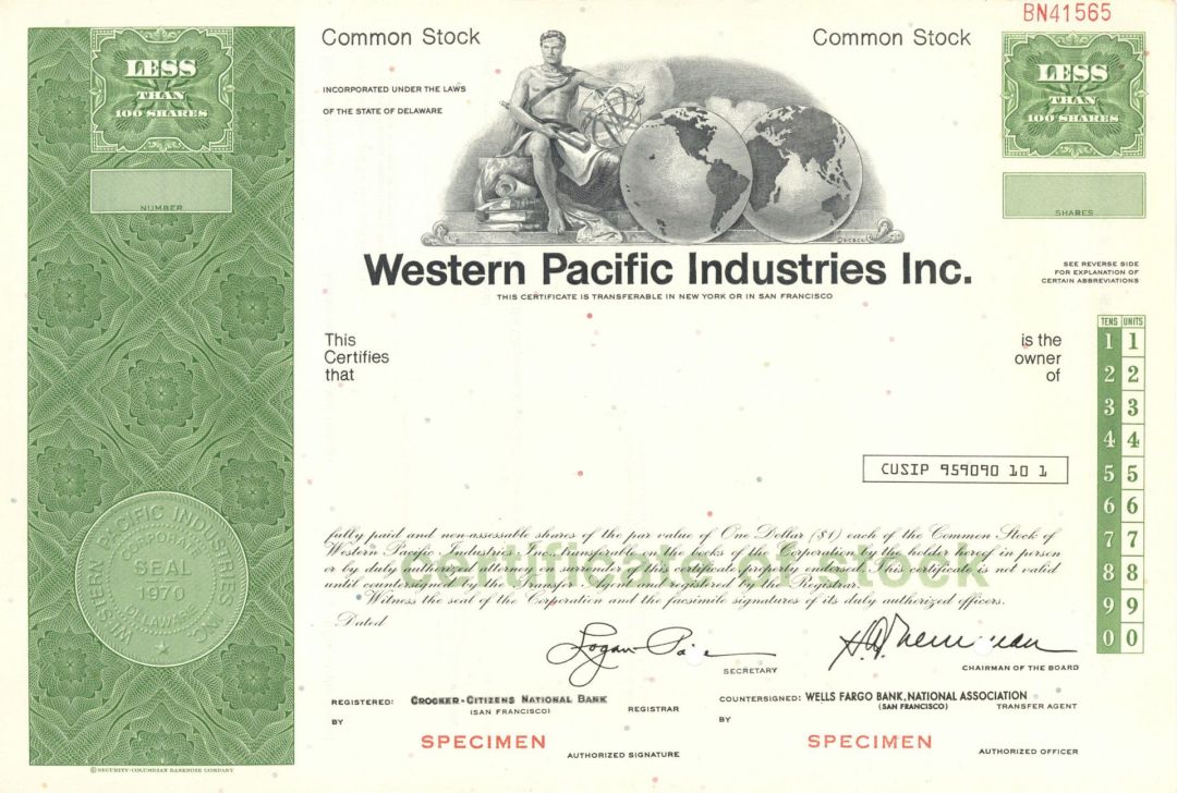 Westrn Pacific Industries Inc. - circa 1970's Specimen Stock Certificate