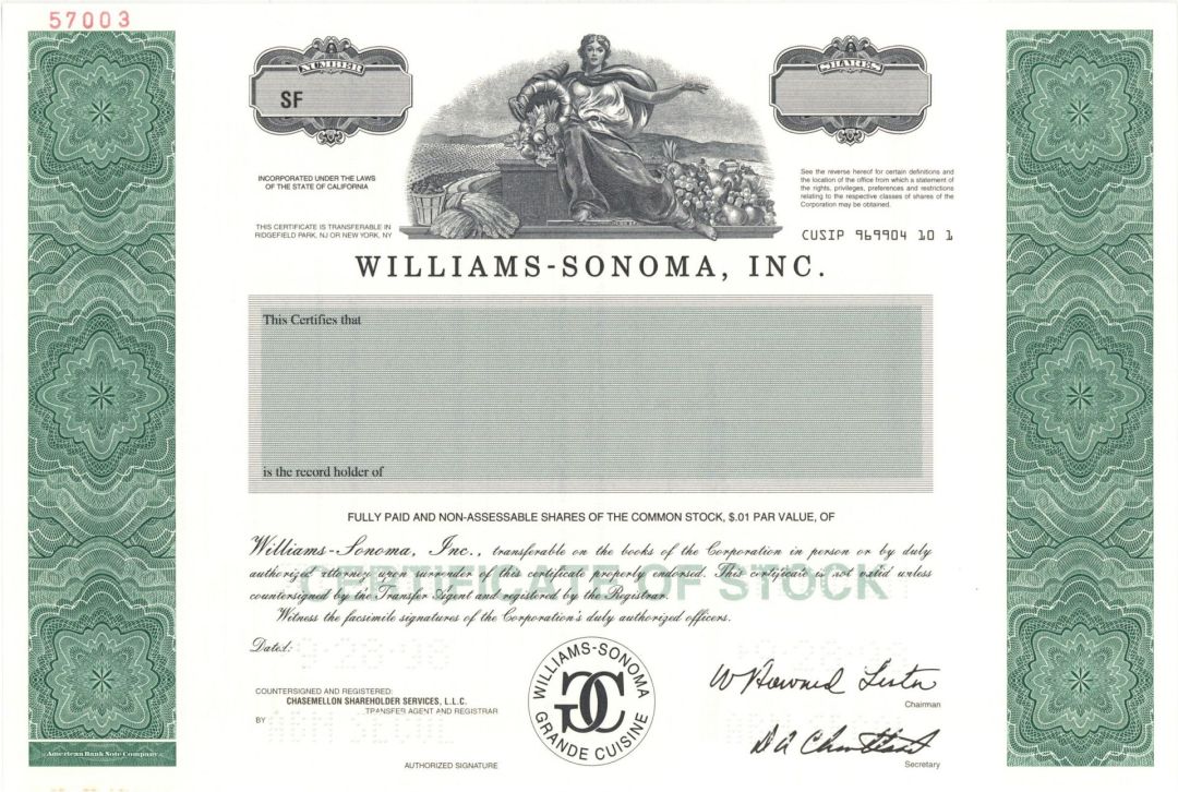 Williams-Sonoma, Inc.  -  1998 Specimen Stock Certificate