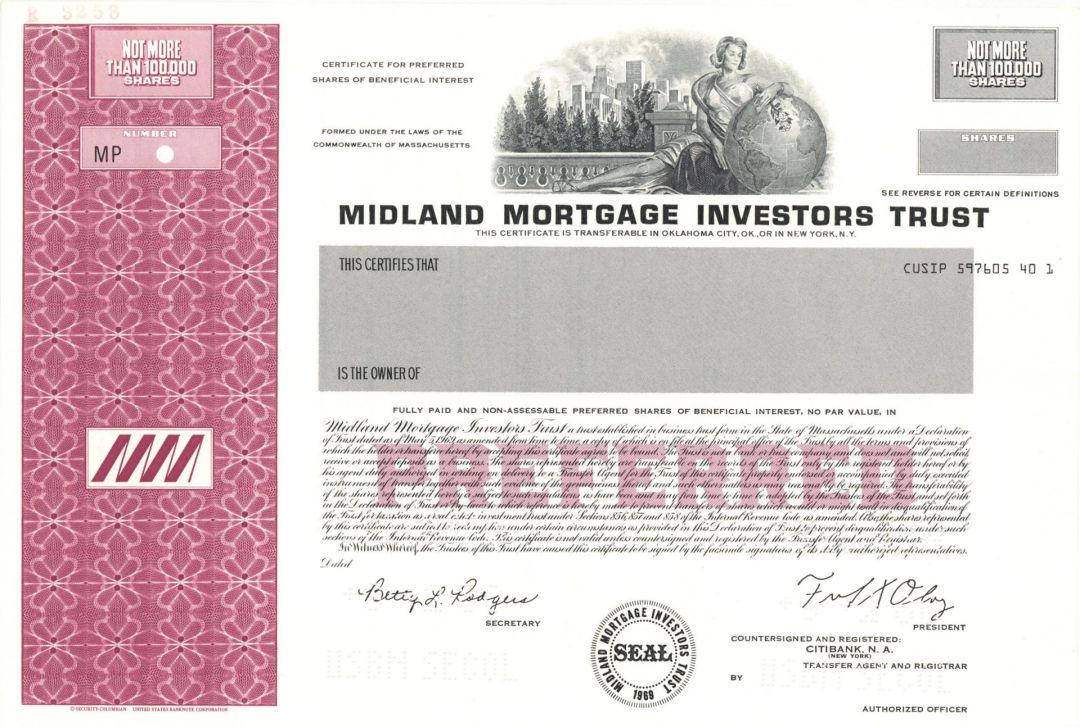 Midland Mortgage Investors Trust - 1980 Specimen Stock Certificate