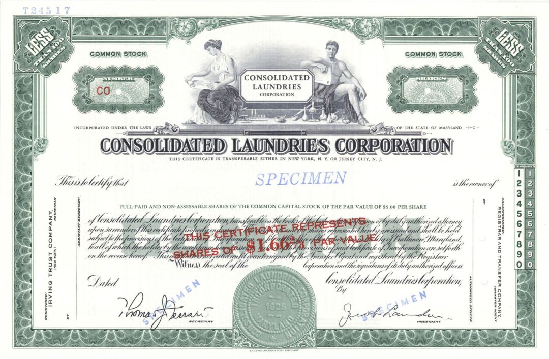 Consolidated Laundries Corp. - 1925 Specimen Stock Certificate