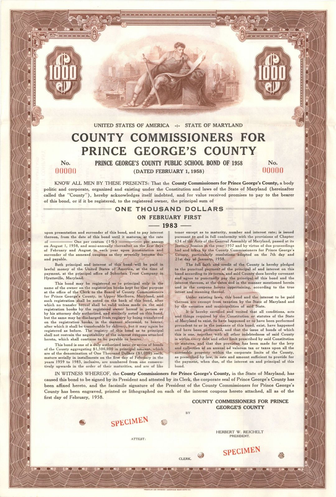 County Commissioners For Prince George's County - $1,000 Specimen Bond