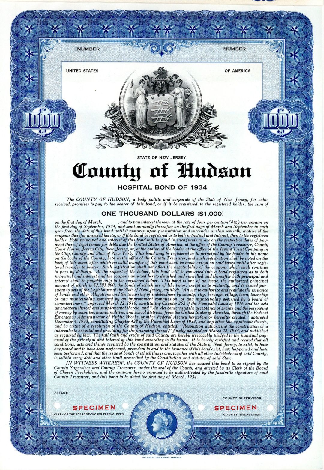 County of Hudson - $1,000 Specimen Bond