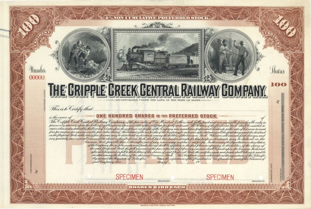 Cripple Creek Central Railway Co. - 1900's Specimen Stock Certificate