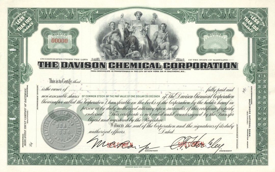 Davison Chemical Corp. - 1935 Specimen Stock Certificate