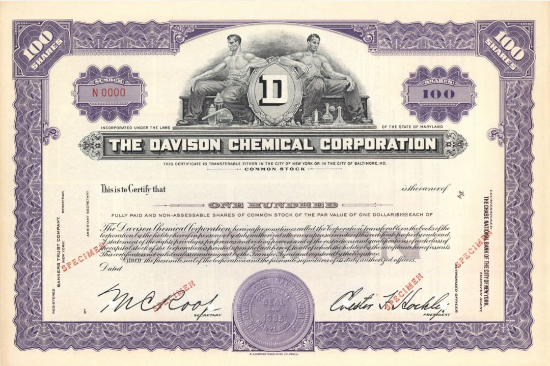 Davison Chemical Corp. - 1935 Specimen Stock Certificate