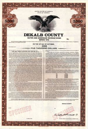 Dekalb County Water and Sewage Revenue Bond - 1978 dated $5,000 Georgia Specimen Bond