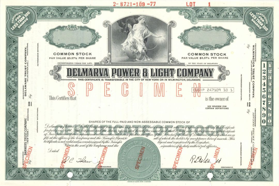 Delmarva Power and Light Co. - Specimen Stock Certificate
