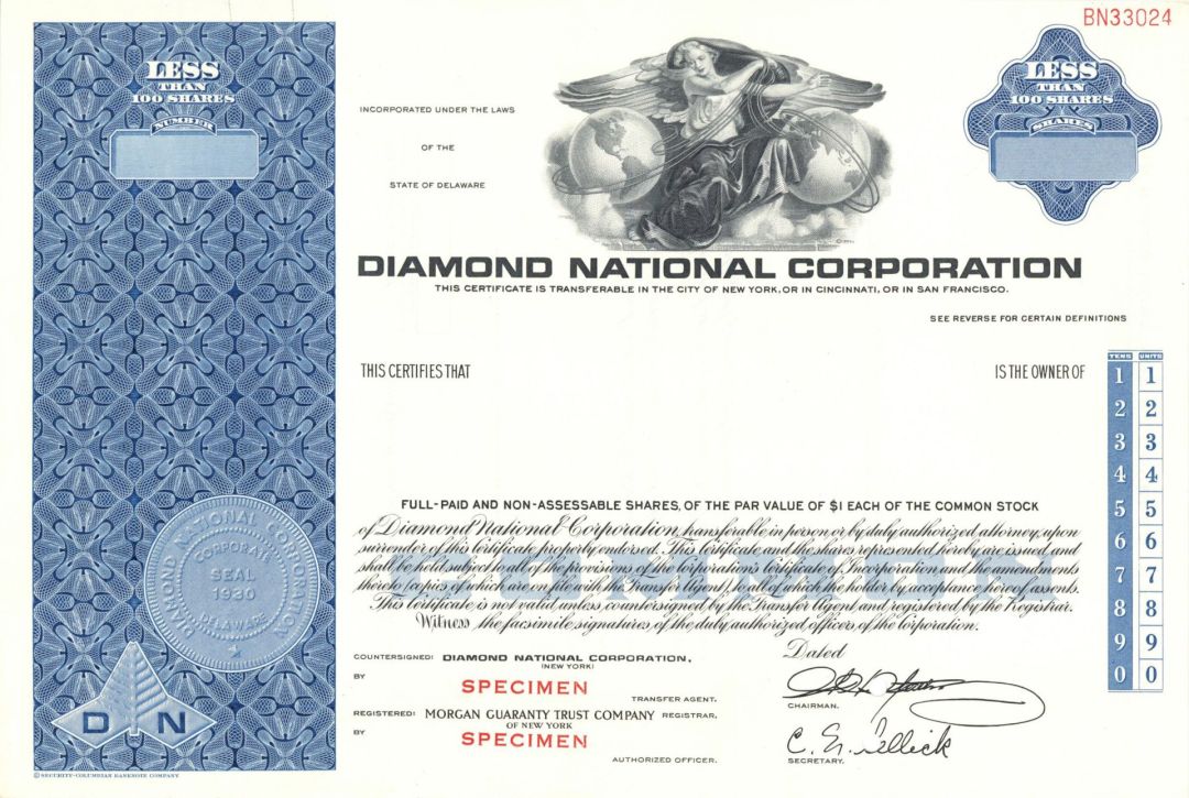Diamond National Corp. - 1930 Specimen Stock Certificate