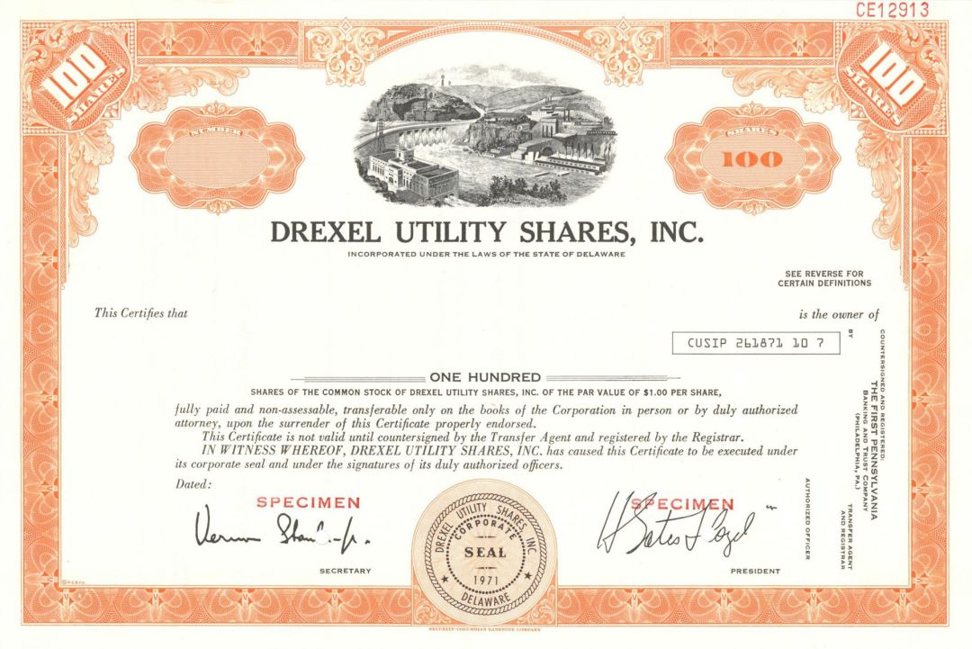 Drexel Utility Shares, Inc. - 1971 Specimen Stock Certificate
