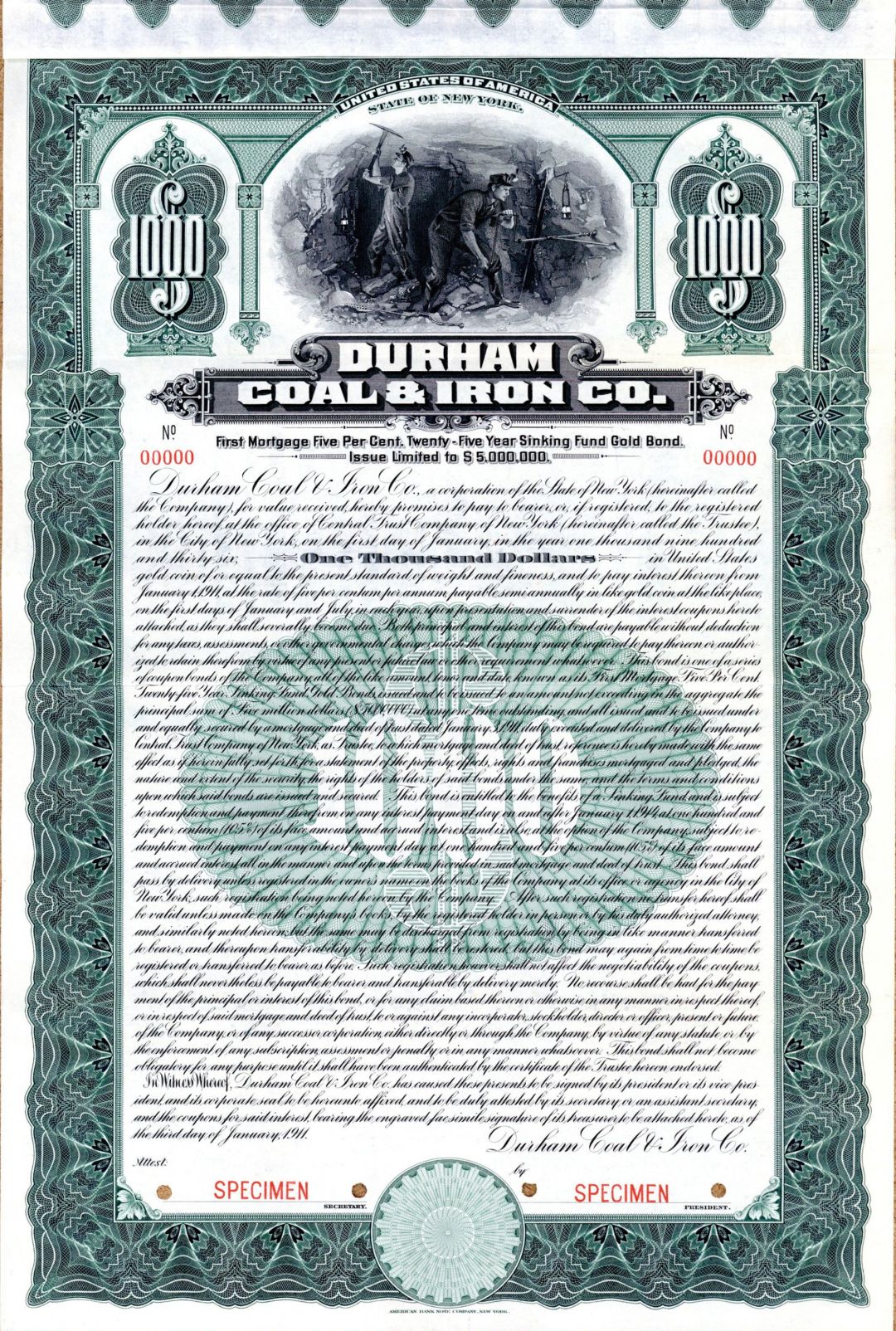 Durham Coal and Iron Co. - $1,000 North Carolina Specimen Bond
