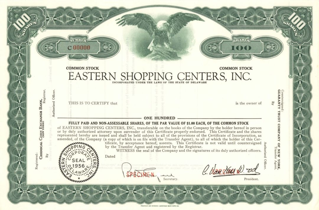 Eastern Shopping Centers, Inc. - 1956 Specimen Stock Certificate