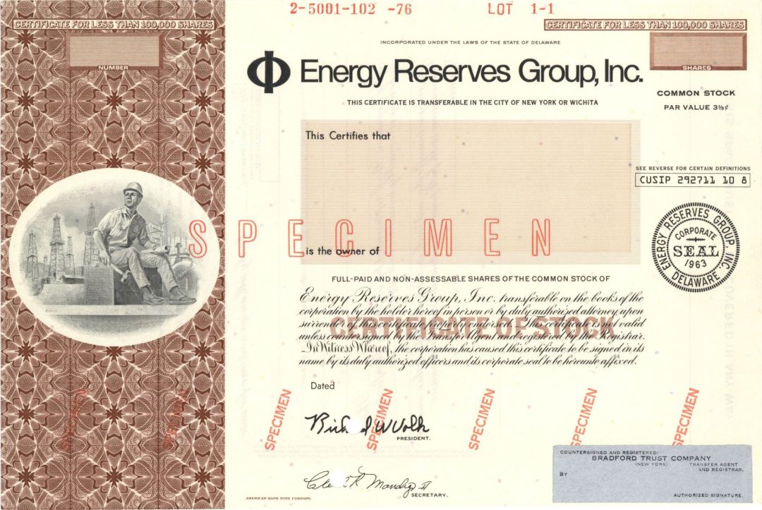 Energy Reserves Group, Inc. - 1963 Specimen Stock Certificate