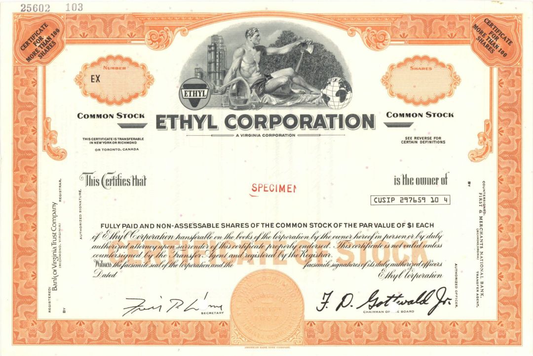 Ethyl Corp. - Specimen Stock Certificate