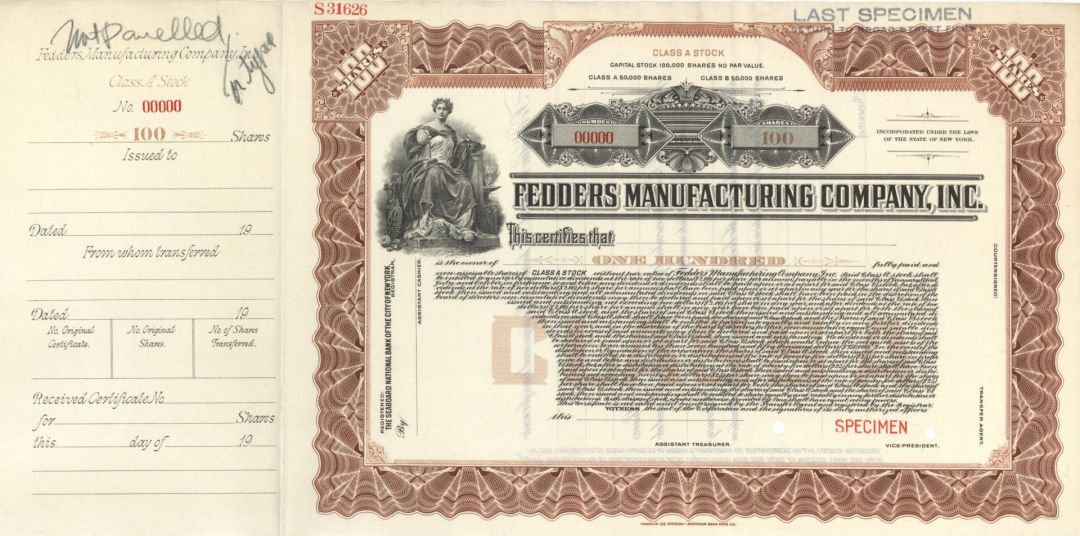 Fedders Manufacturing Co., Inc. -  Specimen Stock Certificate