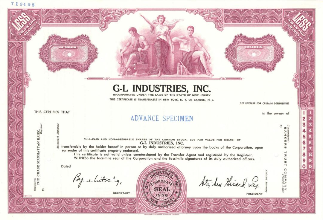 G-L Industries, Inc. -  1956 Specimen Stock Certificate