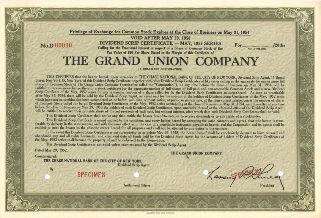 Grand Union Co. -  1952 Specimen Stock Certificate