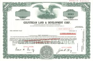 Gulfstream Land and Developmen Corp. -  1968 Specimen Stock Certificate