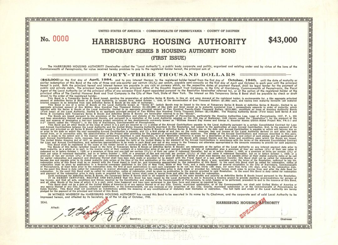 Harrisburg Housing Authority - 1940 dated $43,000 Specimen Bond