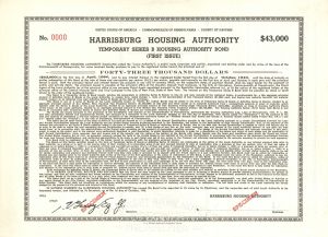 Harrisburg Housing Authority - 1940 dated $43,000 Specimen Bond