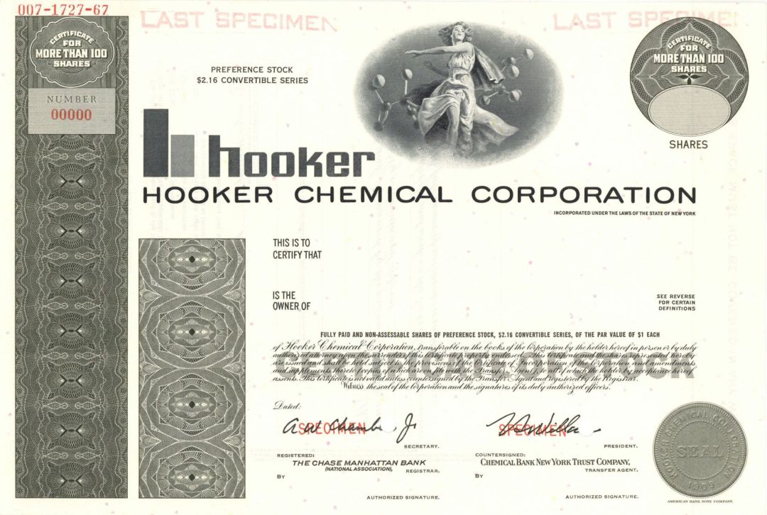 Hooker Chemical Corp. -  1909 dated Specimen Stock Certificate