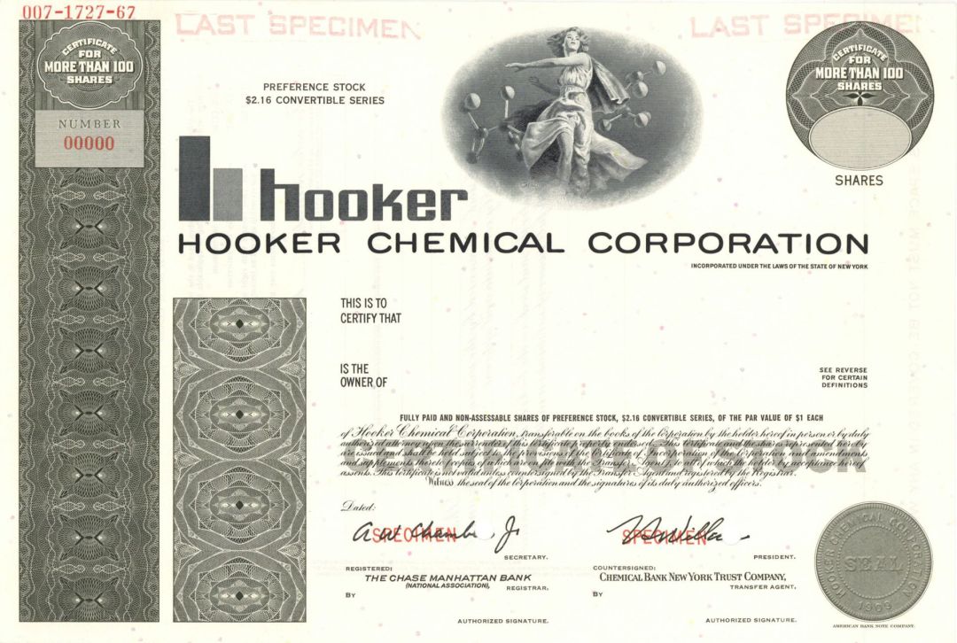 Hooker Chemical Corp. -  1909 dated Specimen Stock Certificate