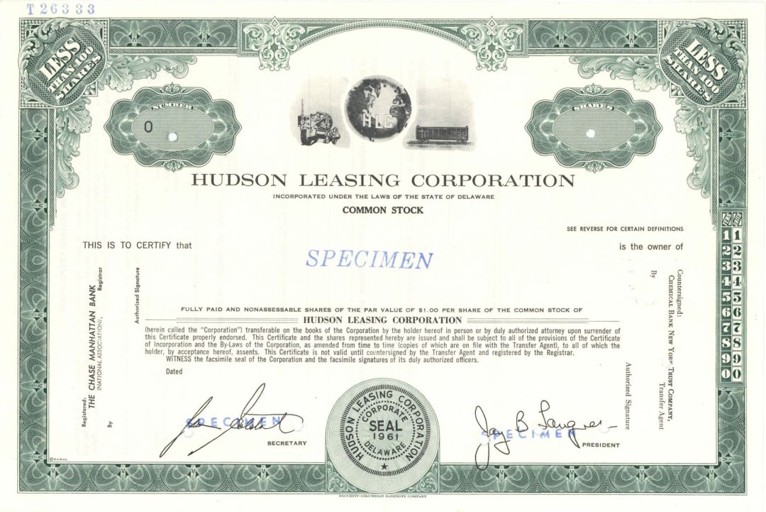 Hudson Leasing Corp. -  1961 dated Specimen Stock Certificate
